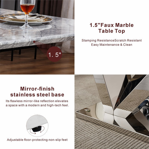 English Elm Marble Dining Table For 6 - 70'' Rectangular Faux Marble Top & Mirrored Stainless Steel Base W3456S00043