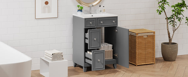 English Elm 24" Gray Bathroom Vanity Cabinet with Ceramic Sink, Soft-Close Door, 2 Drawers, Smart Storage, Durable Design N729P264336E