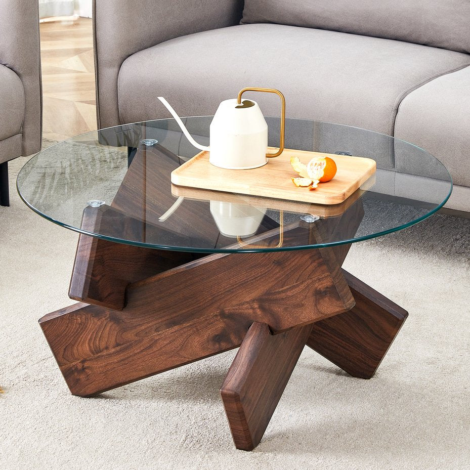 English Elm Round glass coffee table with tempered clear top, walnut MDF legs, adjustable anti-slip feet, modern centerpiece W1151P230572