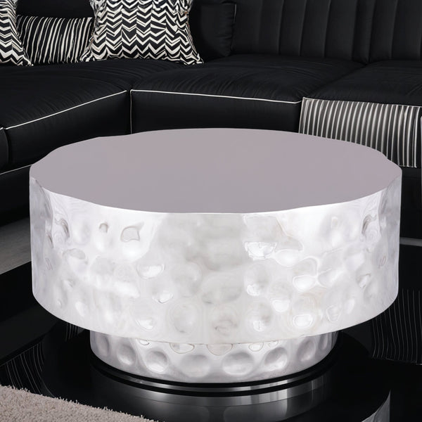English Elm CT-90-30-30 Hand-Hammered Stainless Steel Coffee Table in Silver — Modern Rounded Artisanal Centerpiece B009P321117