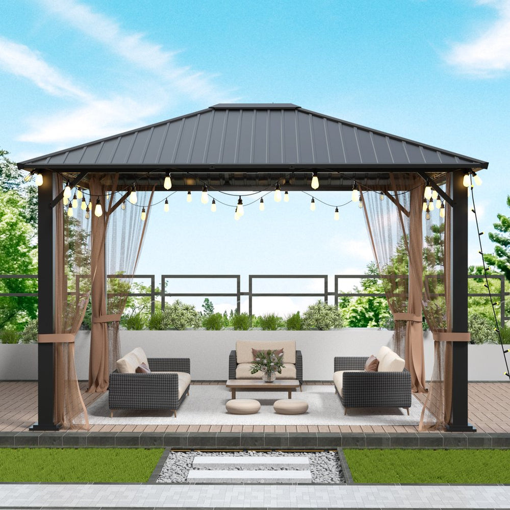 English Elm 10x12 Hardtop Metal Gazebo - Vented Roof Pergola with Waterproof UV Fabric, Galvanized Frame, Mosquito Netting W2259S00002