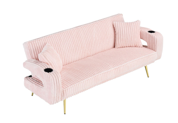 English Elm 74.01 Corduroy Convertible Sofa Bed with 3-Level Recline, Cup Holders, Solid Wood Frame, 500lb Capacity Pink W1658P251982