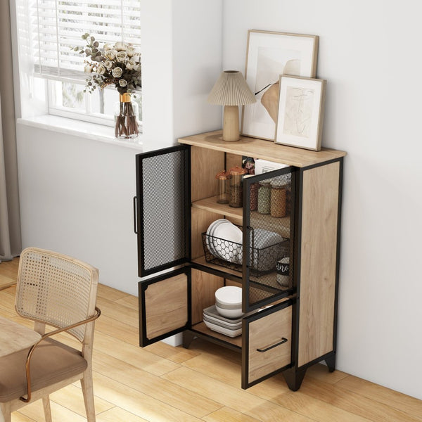 English Elm Storage Cabinet Matte Iron Four Door Sideboard with Adjustable Shelf for Modern Interiors Black+Natural W3151P407883