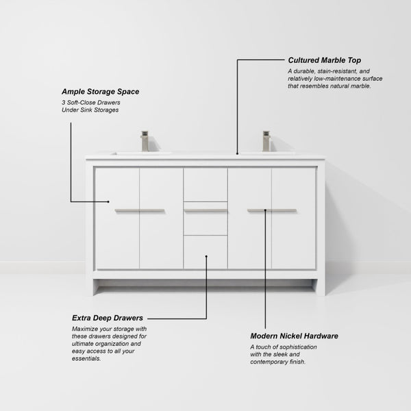 English Elm White Double Bath Vanity With Cultured Marble Top, 55" Mirror, Soft-Close Drawers & Ample Storage B2731S01498-GIGA
