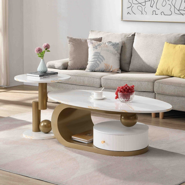 English Elm Modern Nesting Golden Coffee Table Set - Elegant Oval & Round Tables For Living Room Style & Storage W821S00002-GIGA