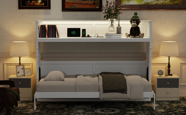 English Elm Twin XL Murphy Bed with Desk, LED Lighting and USB Charging Station — Space-Saving Solid Pine Design White N7090005001W