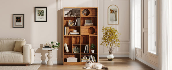 English Elm Modern Wood Grain Bookshelf Cat Habitat with Climbing Cubbies for Living Room Brown N752P395027D
