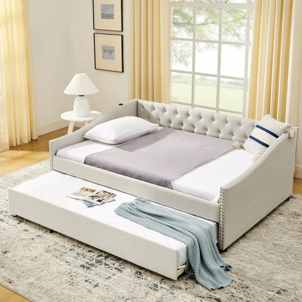 English Elm Full Size Upholstered Daybed with Trundle Usb Ports Tufted Back Wave Arms W1413S00158