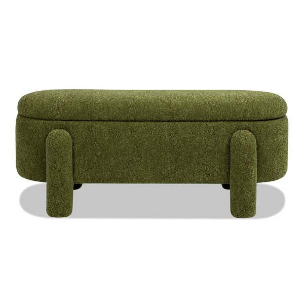 English Elm Jennifer Taylor Home - Hugo 49" Oval Fully Upholstered Storage Bench in Moss Boucle — Cozy sherpa-like texture, chic modern style, versatile seating and hidden storage (50" L x 19" W x 15" H) Green B2719P238468