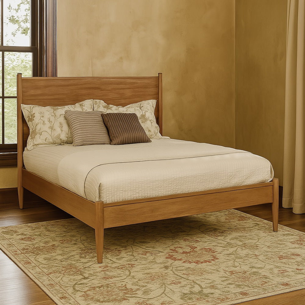 English Elm Mid-Century Modern Queen Size Wooden Platform Bed - Stylish Oak Finish With Supportive Headboard B016S00020