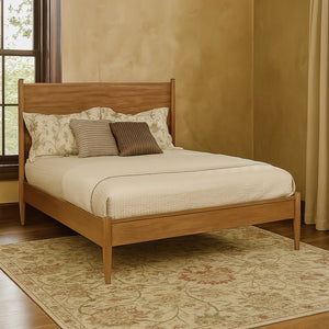 English Elm Mid-Century Modern Queen Size Wooden Platform Bed - Stylish Oak Finish With Supportive Headboard B016S00020