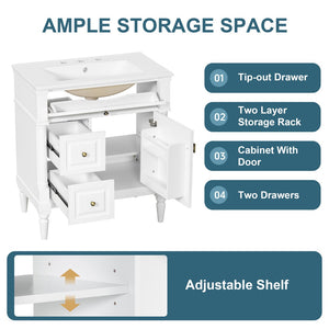 English Elm 30" Freestanding Bathroom Vanity Rubberwood Frame Ceramic Sink Flip Drawer Storage White N725P356062K