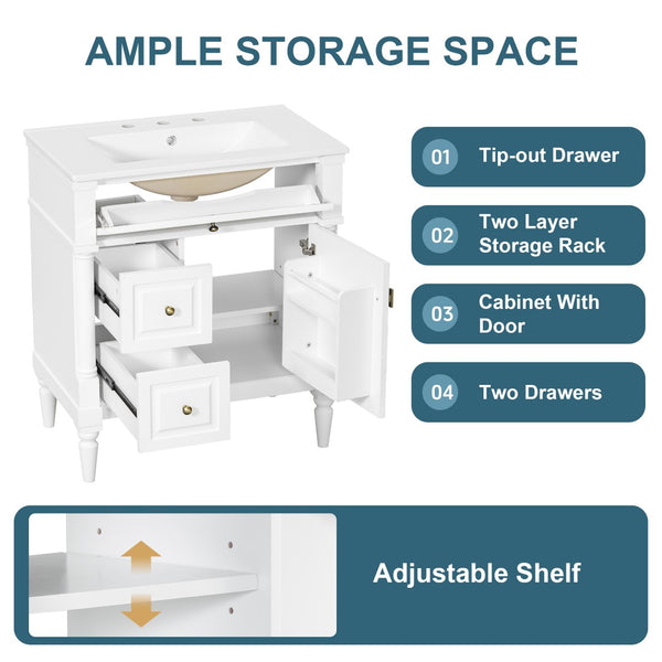 English Elm 30" Freestanding Bathroom Vanity Rubberwood Frame Ceramic Sink Flip Drawer Storage White N725P356062K