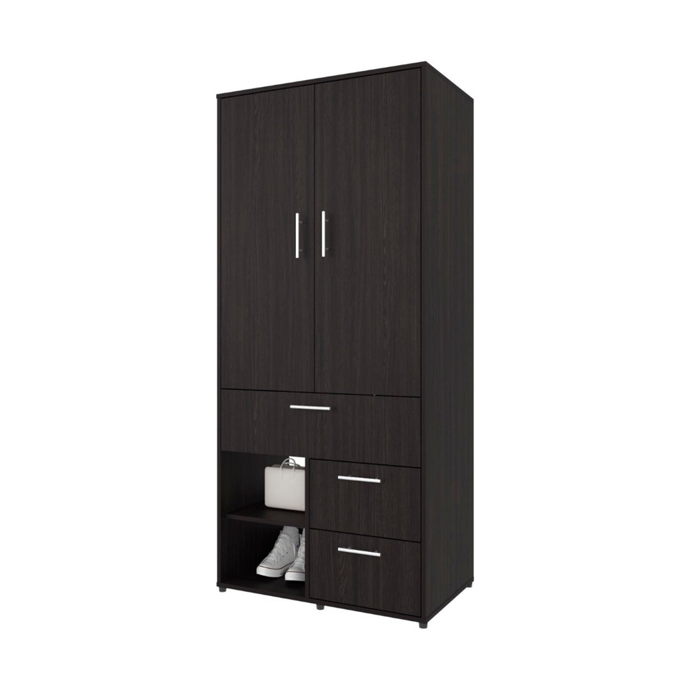 English Elm Upland Black Wood Armoire with Hanging Rod Drawers and Open Compartments B092S00279