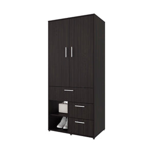 English Elm Upland Black Wood Armoire with Hanging Rod Drawers and Open Compartments B092S00279