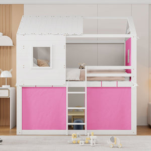 English Elm Full Size Kids Playhouse Bunk Bed Pinewood Frame with Tent Roof and Window Cutouts Pink LT000380AAH-1