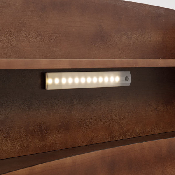 English Elm Full Pine Wood Bed with Bookcase Headboard, LED Motion Sensor, Guardrails & Ample Walnut Storage W504P281004