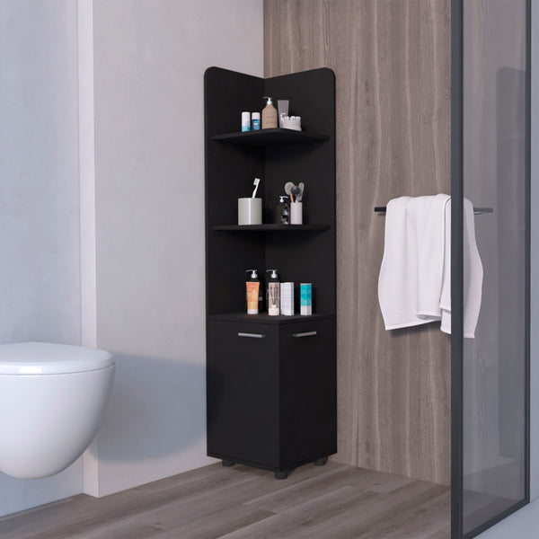 English Elm Wenge Two-Door Corner Cabinet with Three Open Shelves, Wenge Finish, Melamine, Metal Handles (96) B062P205243