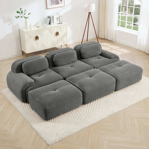 English Elm Three-seat Modular Corduroy Sectional Sofa with Ottomans for Living and Media Rooms Grey W714S01269