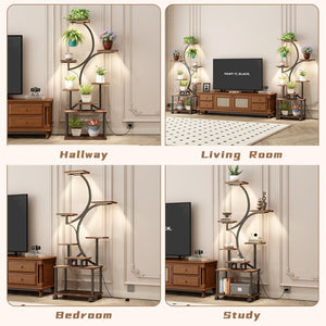 English Elm Plant Stand with Full Spectrum Grow Lights 8 Tier S Shaped Iron Corner Display Rack Black+Brown W2641P446499