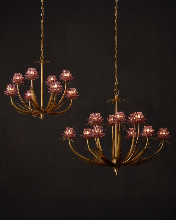 Currey & Company Marilee Medium Chandelier - Elegant Floral Design With Dutch Gold Leaf Finish & Crystal Accents Pink Crystal ,Wrought Iron 9000-1306-currey-company