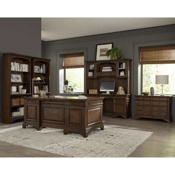 English Elm Stigham Burnished Oak 5-Drawer Credenza & Hutch Set - Elegant Workspace With Power & Storage Solutions B062S00801-GIGA