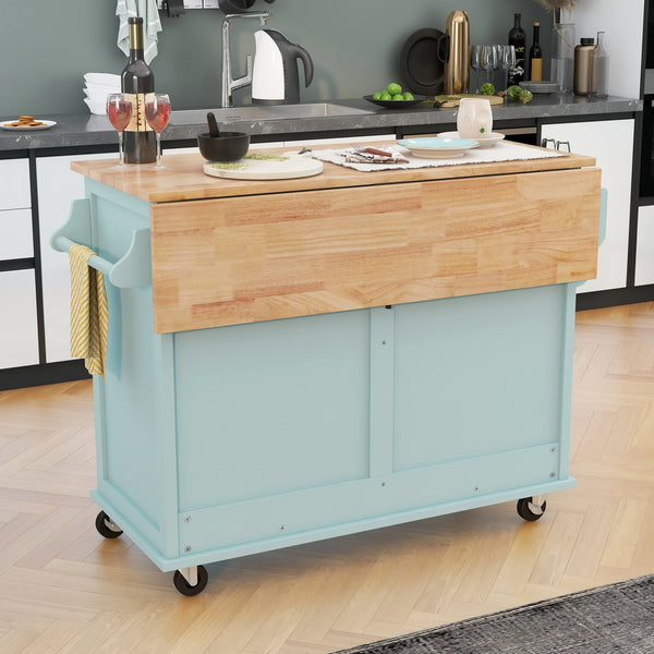 English Elm Kitchen Cart with Drop-Leaf Rubberwood Countertop, Sliding Barn Door, Locking Wheels & Storage Space Mint Green SK000001AAE