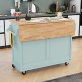 English Elm Kitchen Cart With Rubber Wood Drop-Leaf Countertop, Concealed Sliding Barn Door Adjustable Height,Kitchen Island On 4 Wheels With Storage Cabinet and 2 Drawers,L52.2Xw30.5Xh36.6 Inch, Mint Green