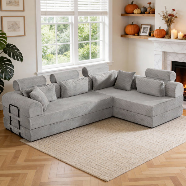 English Elm L Shaped Corduroy Sectional Sofa Converts to Sleeper Bed Space Saving Modular Couch Light Gray W5532S00003