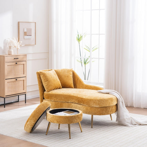 English Elm 58'' Chenille Chaise Lounge with Footstool Pocket Spring Comfort for Bedroom Living Room Yellow W2363S00091