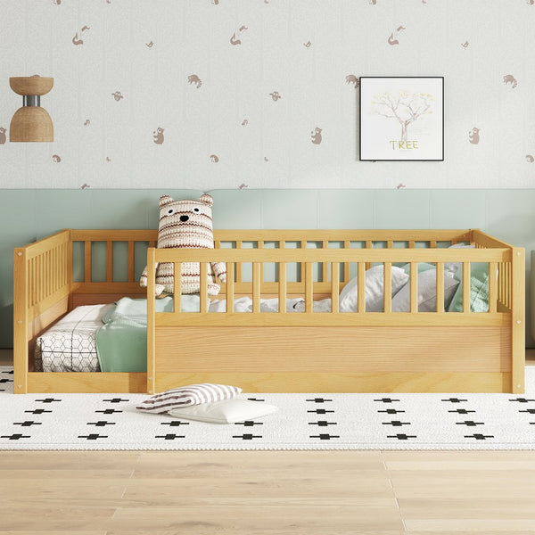 English Elm Full Montessori Floor Bed Frame with Fence for Kids — Pine Play & Reading Space, Sturdy Low Profile Natural W1580P307884