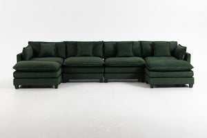 English Elm Modern Chenille Sectional Sofa Modular Sleeper with Ottoman Chaise and Waist Pillows Antique Green W2530S00022