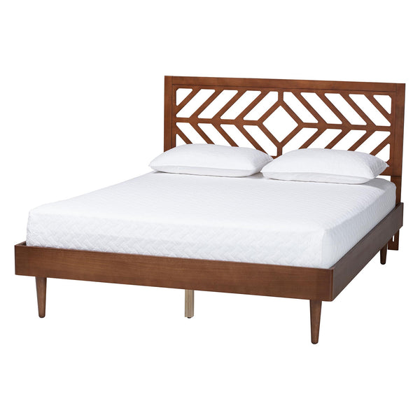 Baxton Studio Baxton Zola Platform Bed With Laser‑Cut Geometric Headboard, Tapered Legs, Sturdy Slat Support 63.80" W x 83.30" D x 45.50"-55.50" H Zola-Ash Walnut-Queen