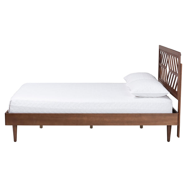 Baxton Studio Baxton Zola Platform Bed With Laser‑Cut Geometric Headboard, Tapered Legs, Sturdy Slat Support 63.80" W x 83.30" D x 45.50"-55.50" H Zola-Ash Walnut-Queen
