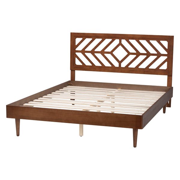 Baxton Studio Baxton Zola Platform Bed With Laser‑Cut Geometric Headboard, Tapered Legs, Sturdy Slat Support 63.80" W x 83.30" D x 45.50"-55.50" H Zola-Ash Walnut-Queen