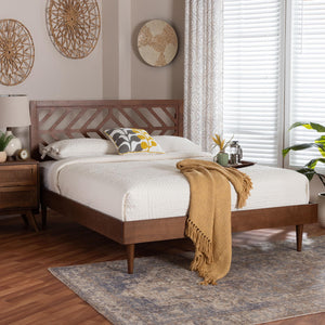 Baxton Studio Baxton Zola Platform Bed With Laser‑Cut Geometric Headboard, Tapered Legs, Sturdy Slat Support 63.80" W x 83.30" D x 45.50"-55.50" H Zola-Ash Walnut-Queen