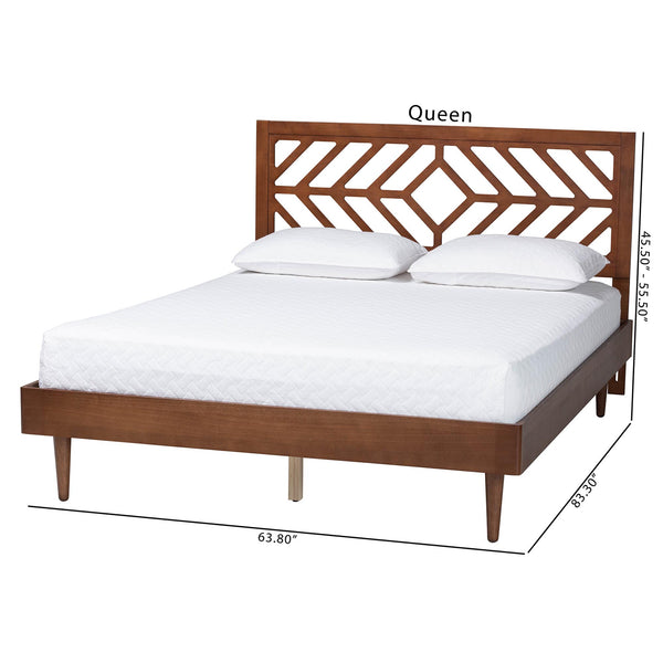 Baxton Studio Baxton Zola Platform Bed With Laser‑Cut Geometric Headboard, Tapered Legs, Sturdy Slat Support 63.80" W x 83.30" D x 45.50"-55.50" H Zola-Ash Walnut-Queen
