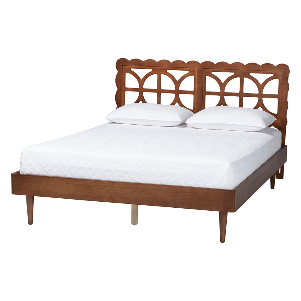 Baxton Studio Baxton Zola Platform Bed With Laser‑Cut Geometric Headboard, Tapered Legs, Sturdy Slat Support 63.80" W x 83.90" D x 44.00"-54.00" H Onyeka-Ash Walnut-Queen