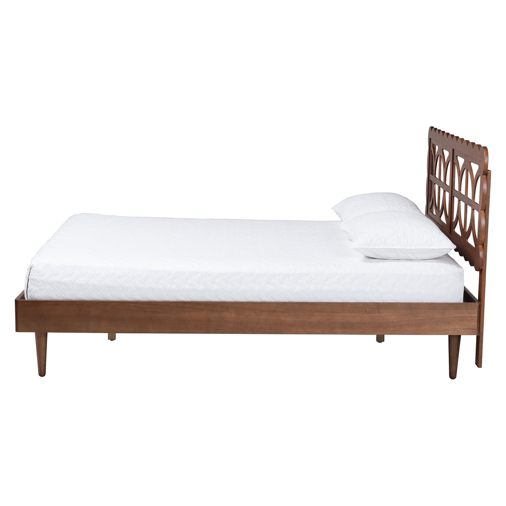 Baxton Studio Baxton Zola Platform Bed With Laser‑Cut Geometric Headboard, Tapered Legs, Sturdy Slat Support 63.80" W x 83.90" D x 44.00"-54.00" H Onyeka-Ash Walnut-Queen
