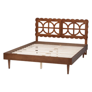 Baxton Studio Baxton Zola Platform Bed With Laser‑Cut Geometric Headboard, Tapered Legs, Sturdy Slat Support 63.80" W x 83.90" D x 44.00"-54.00" H Onyeka-Ash Walnut-Queen