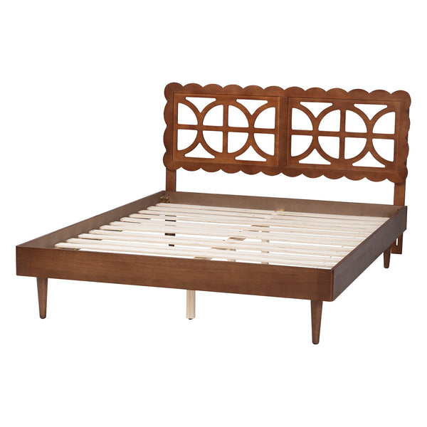 Baxton Studio Baxton Zola Platform Bed With Laser‑Cut Geometric Headboard, Tapered Legs, Sturdy Slat Support 63.80" W x 83.90" D x 44.00"-54.00" H Onyeka-Ash Walnut-Queen