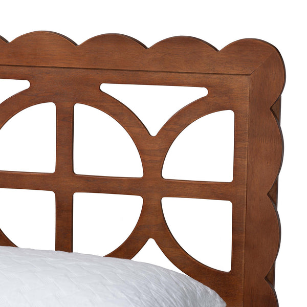 Baxton Studio Baxton Zola Platform Bed With Laser‑Cut Geometric Headboard, Tapered Legs, Sturdy Slat Support 63.80" W x 83.90" D x 44.00"-54.00" H Onyeka-Ash Walnut-Queen