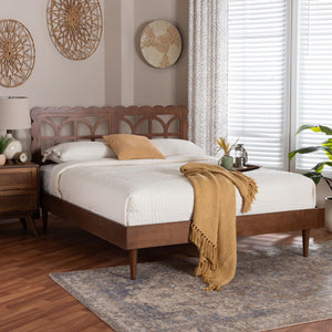 Baxton Studio Baxton Zola Platform Bed With Laser‑Cut Geometric Headboard, Tapered Legs, Sturdy Slat Support 63.80" W x 83.90" D x 44.00"-54.00" H Onyeka-Ash Walnut-Queen