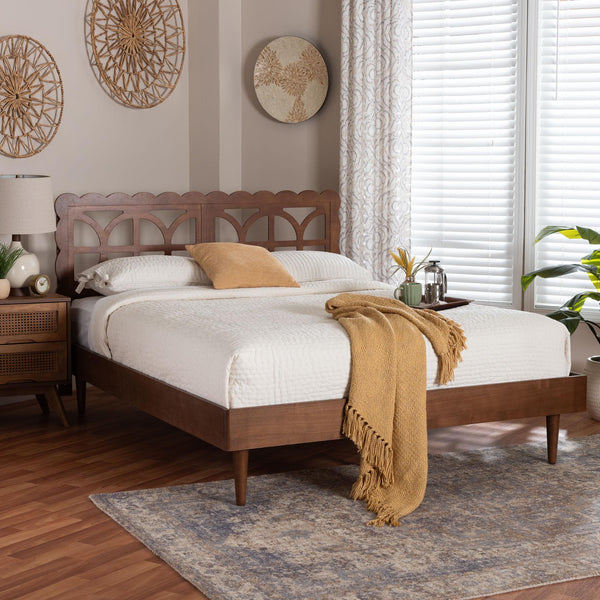 Baxton Studio Baxton Zola Platform Bed With Laser‑Cut Geometric Headboard, Tapered Legs, Sturdy Slat Support 63.80" W x 83.90" D x 44.00"-54.00" H Onyeka-Ash Walnut-Queen