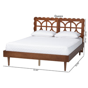 Baxton Studio Baxton Zola Platform Bed With Laser‑Cut Geometric Headboard, Tapered Legs, Sturdy Slat Support 63.80" W x 83.90" D x 44.00"-54.00" H Onyeka-Ash Walnut-Queen