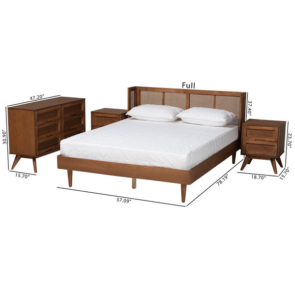 Baxton Studio Baxton Studio Rina Mid-Century Modern Bedroom Set with Rattan Accents for Stylish Comfort & Storage 4-Piece Full MG97151-Ash Walnut-Full-4PC Set