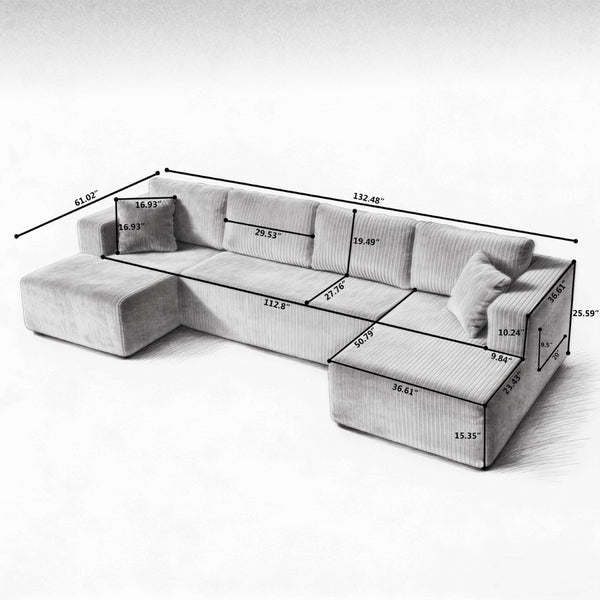 English Elm 132" U-shaped Modular Corduroy Sectional with Deep Foam Cushions for Living Room Black W5802S00001
