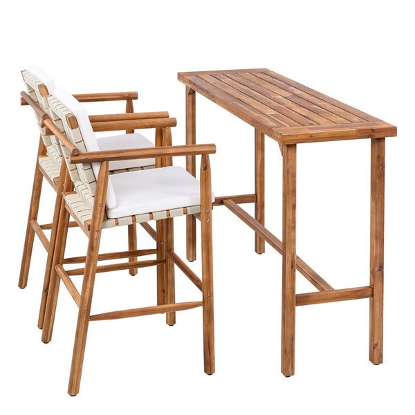 English Elm 3 Piece Acacia Wood Outdoor Bar Set with Cushioned Stools for Patio or Poolside N704G201253A