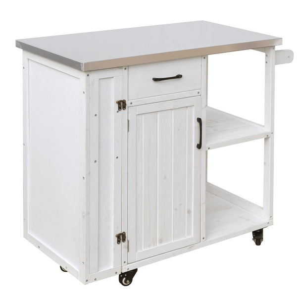 English Elm Foldable Outdoor Kitchen Cart with Stainless Worktop Fir Wood Frame and Lockable Wheels White N719P380278K