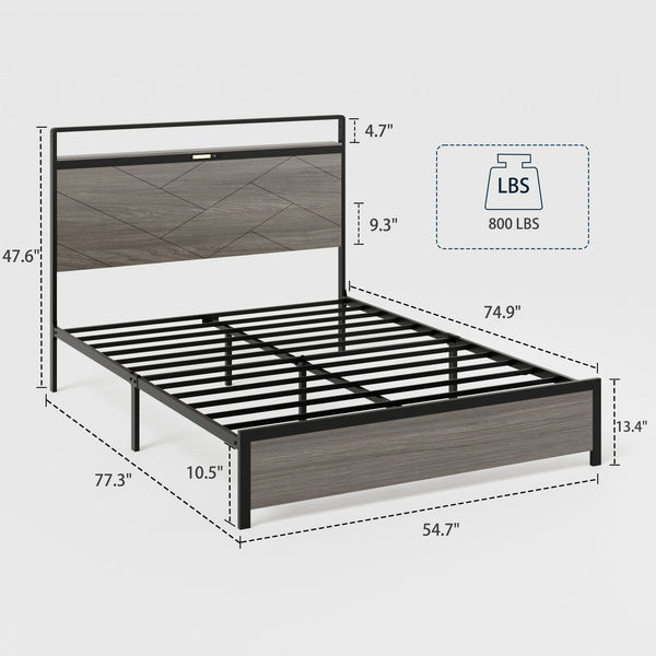 English Elm Bed Frame Full Size: Industrial-Style Wooden Platform With Led Headboard, Usb Charging & Storage W636P294910